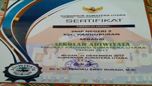Foto: sertifikat Adiwiyata 2017 SMP NEGERI 2 Pangururan Samosir