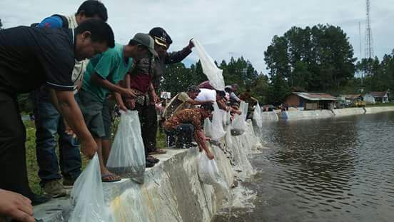Foto : Bupati Samosir bersama masyarakat Pea Aek Tawar Ronggur Nihuta, tabur 30.000 benih ikan