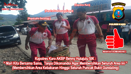 Dari kiri pake topi (Kapolsekta Berastagi Kompol Aron T Siahaan ) tengah (Kapolsek Simpang Empat AKP Nazrides Syarif S.H), kanan (Kapolres Karo AKBP Benny Hutajulu SIK) saat mengangkat sampah