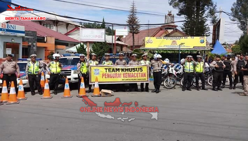 Kapolres Karo mengadakan apel Tim Khusus Pengurai Jalan kemacetan di kota Berastagi Tanah karo. (09/09) 2018.