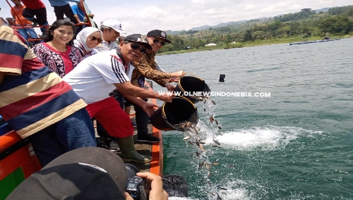 foto : Menggunakan kapal tongkang milik PT.RSI, Wakil Bupati Samosir, Ir.Juang Sinaga (pakai topi pegang ember) bersama masyarakat dan management PT.RSI melakukan tabur bibit ikan nila ke danau toba
