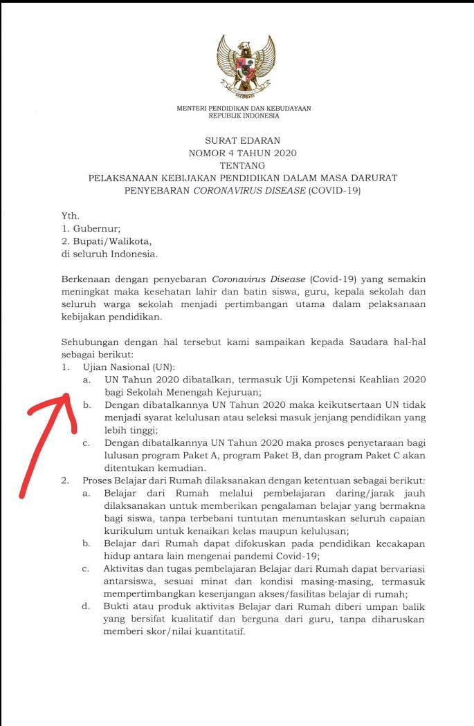 Ket foto :  Surat Edaran dari Menteri Pendidikan dan Kebudayaan RI