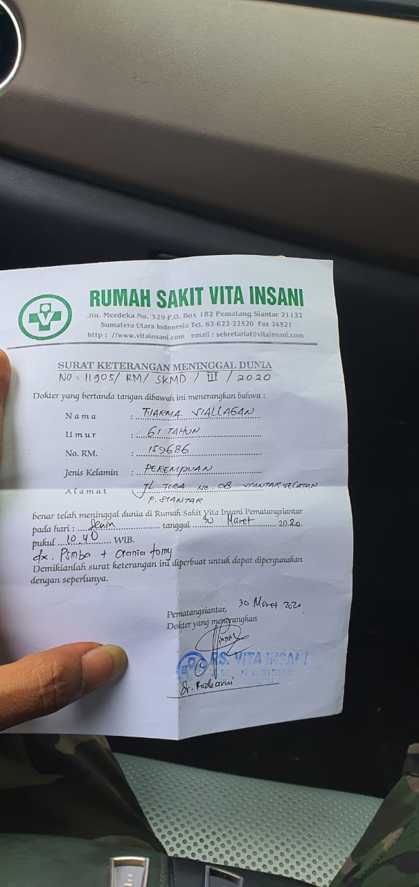 Foto : surat status kematian dari Rumah Sakit swasta yang ada di Kota Siantar.
