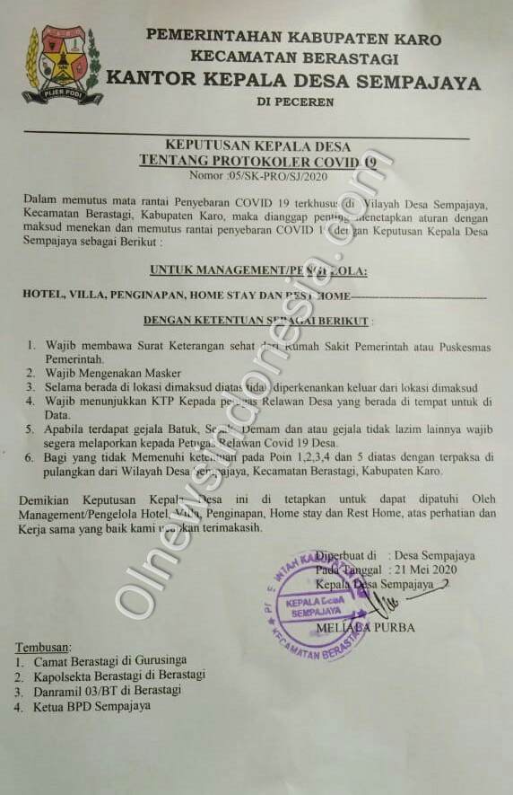 Ket foto : Surat Keputusan Kepala Desa Sempajaya Berastagi Kabupaten Karo tentang Protokoler Covid-19, Jumat (22/05) 2020 (Ist)