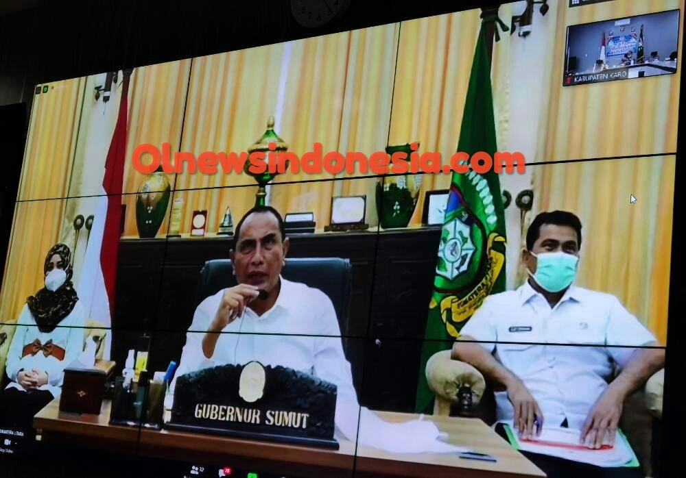 Ket foto  : Gubsu Edy Rahmayadi gelar Virtual bersama Bupati Karo Terkelin Brahmana SH terkait Pembahasan vaksinasi Serentak, Kamis (07/01) 2021 (Ist)