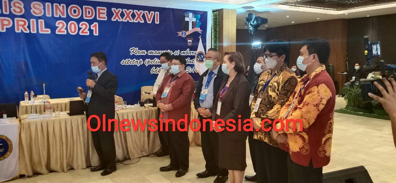 Ket foto : Panitia penyelenggara saat lakukan pemilihan Pengurus Moderamen GBKP di Aula Siponegoro Hotel Polonia Medan,Sabtu (17/04) 2021 ( Ist).