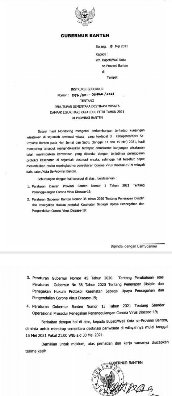 Ket Poto: nampak jelas Surat Edaran Yang di keluarkan Gubernur Banten Pada Malam Hari jam 9 malam.(Minggu 16/05/2021)dua