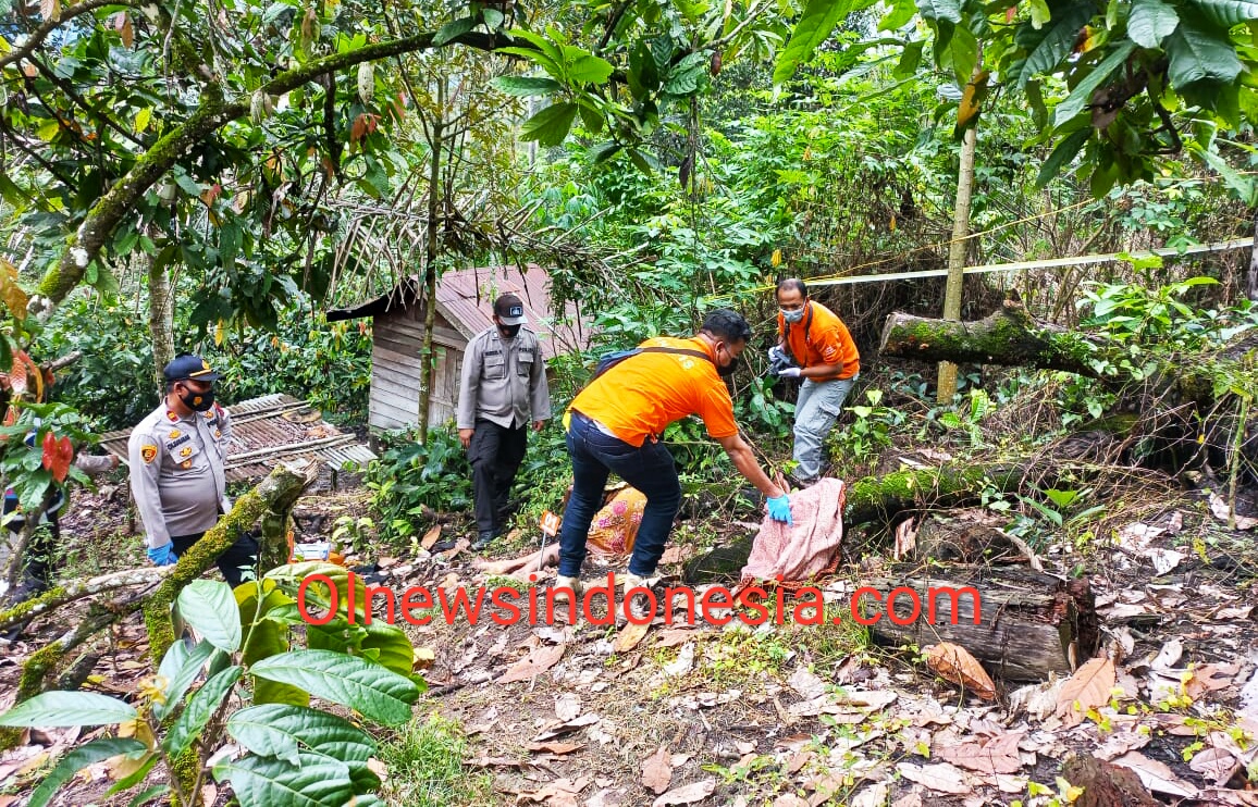 Ket foto : Tampak Petugas saat lalukan olah TKP dilokasi ditemukan nya mayat wanita tua dibawah kebun Cokelat milikinya di Desa Juhar Ginting Kecamatan Juhar Kabupaten Karo, Selasa (18/05) 2021 (Ist)