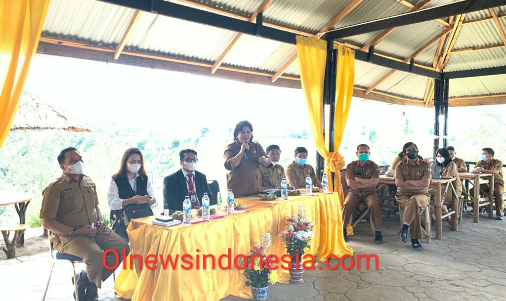 Ket foto : Bupati Karo Cory Sriwaty Sebayang saat memberikan sambutan nya sebelum penyerahan Bibit Buah oleh Dirjen Perbendaharaan Kantor Wilayah Pemprovsu di Desa Raya Berastagi Kabupaten Karo,Senin (07/06.2021) Foto : Ist