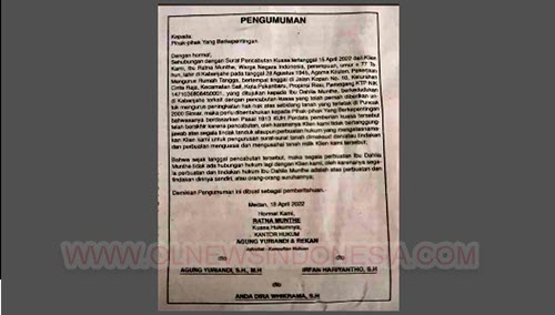Ratna Munthe Menerbitkan Pengumuman Surat Pencabutan Kuasa Ditujukan Kepada Dahlia Munthe